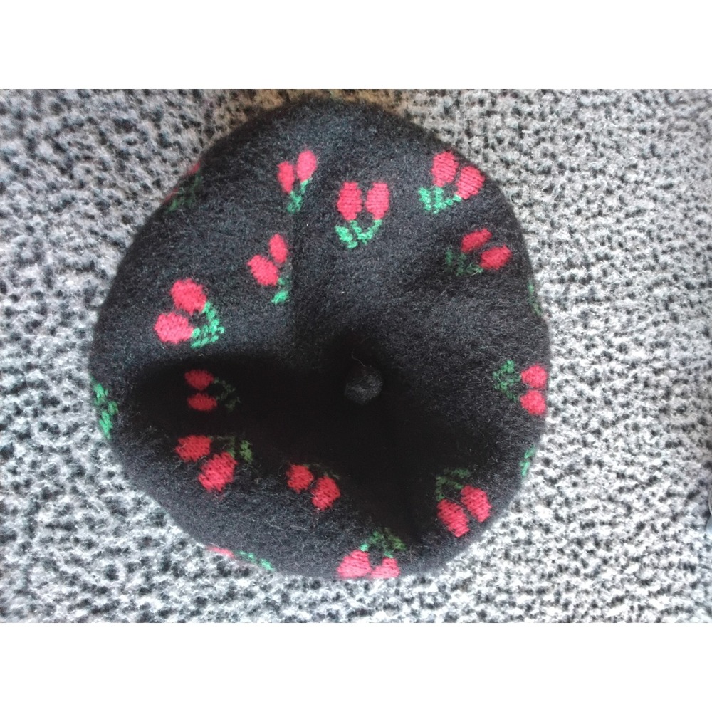 Vintage Black Knit Cherry Beret Hat Red Fruit Pattern Wool Blend French Cap